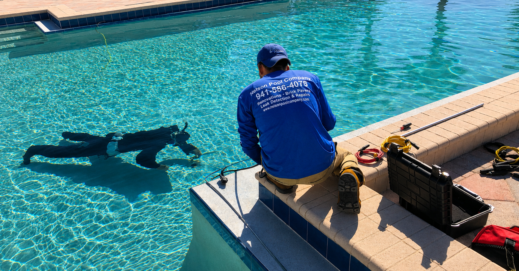 Nelson Pool Company technician performing pool leak detection in Southwest Florida
