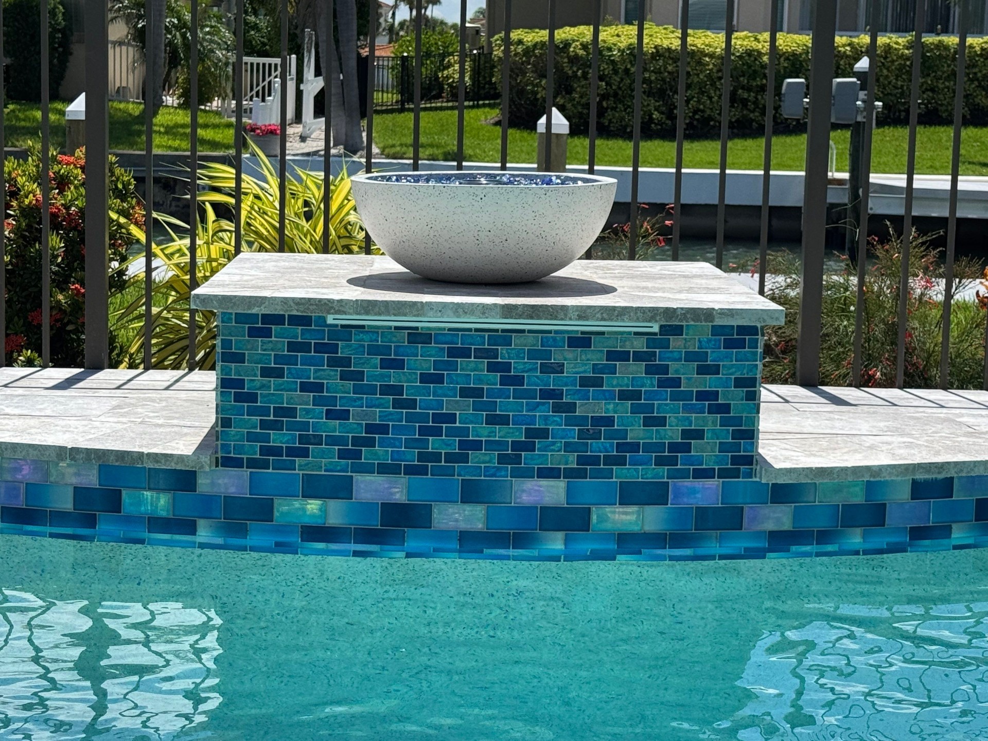 Longboat Key Spa Water Feature with Blue Glass Tile in Longboat Key — Nelson Pool Company