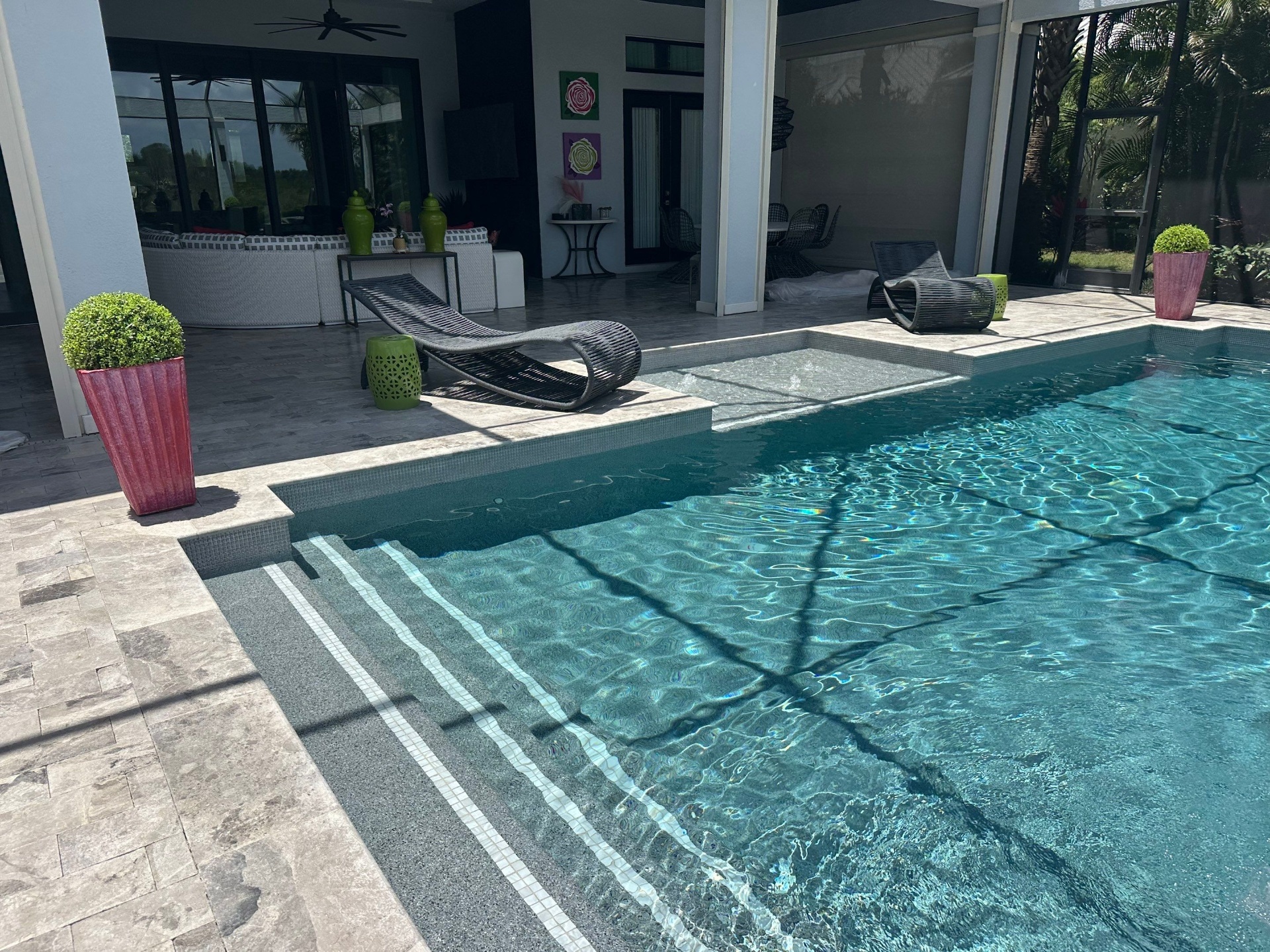 Pool Remodel with Sun Shelf, Glass Tile & Travertine Deck in Lakewood Ranch — Nelson Pool Company