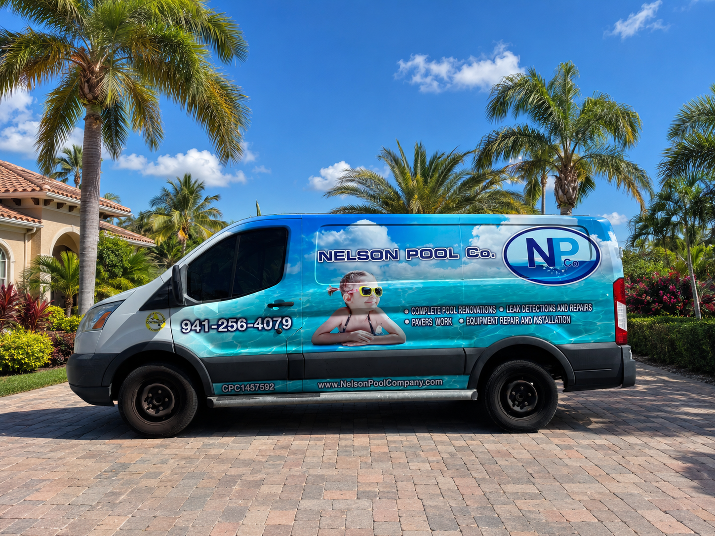 Branded Nelson Pool Company service van in a Southwest Florida neighborhood