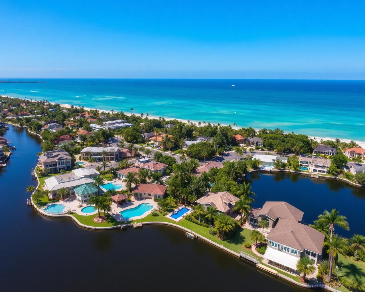 Aerial view of Southwest Florida coastal communities served by Nelson Pool Company